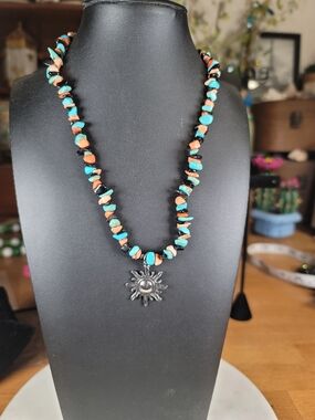 paparazzi Turquoise & Coral Sunburst Pendant Necklace